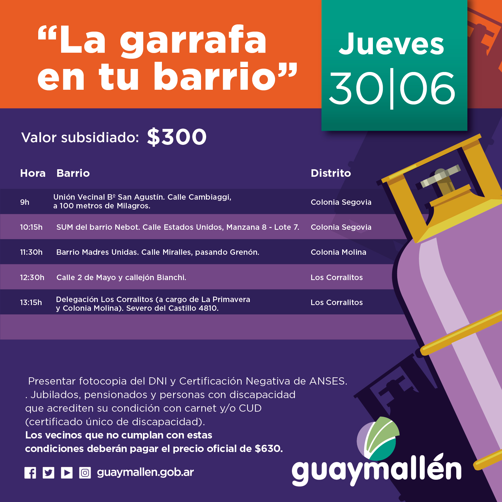 La Garrafa en tu Barrio con subsidio municipal. 30 de junio.